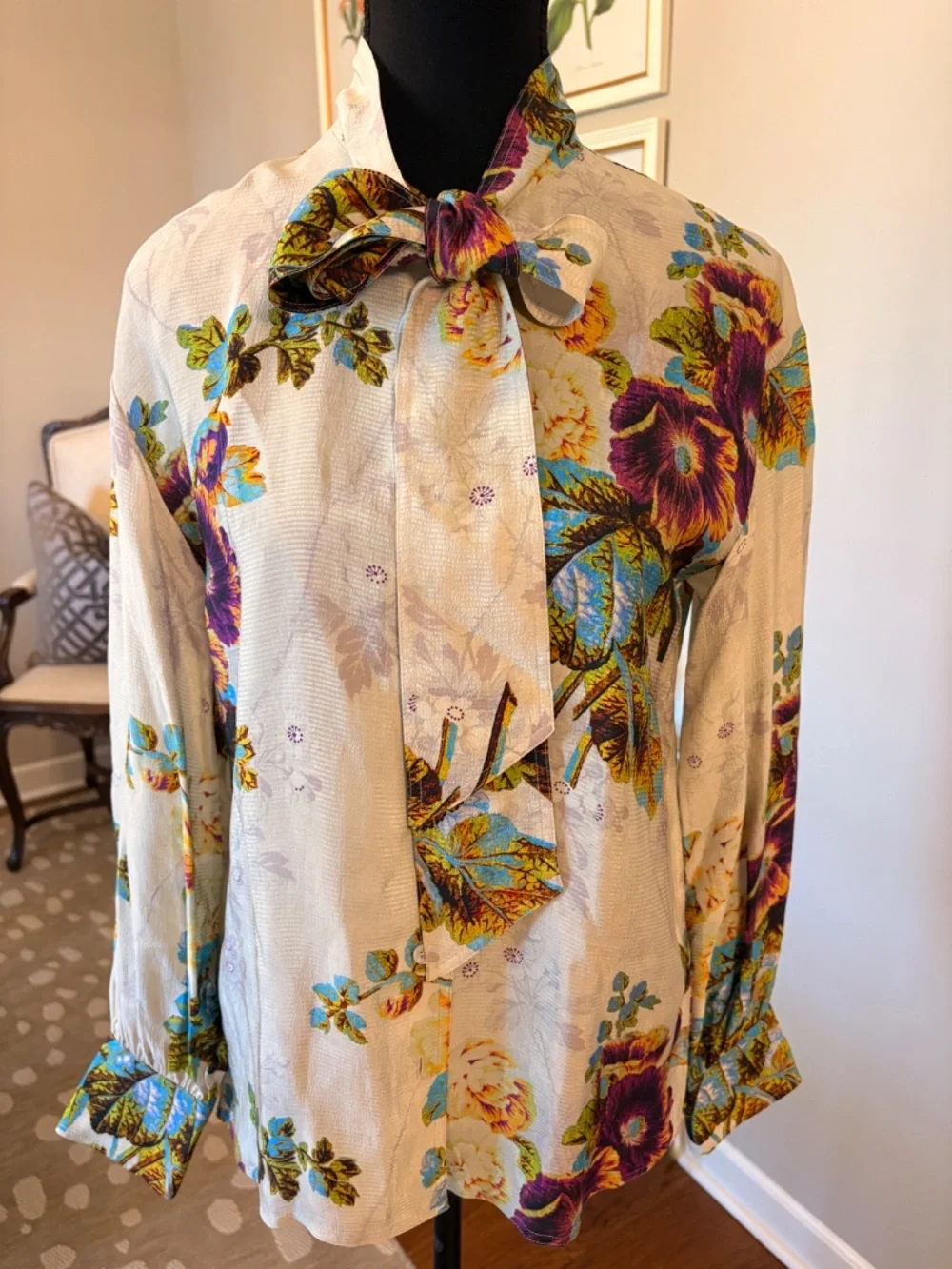 Tory Burch PRINTED VISCOSE BOW BLOUSE Women's Size 0